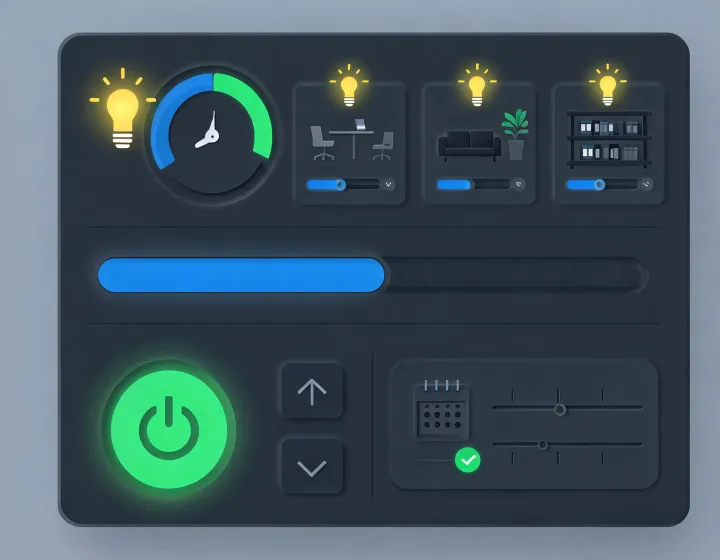 Digital lighting selection dashboard beside office luminaires